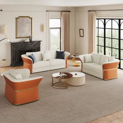 Homary Modern Faux Leather Living Room Sofa Set In White & Orange Set Of 3 In Neutral