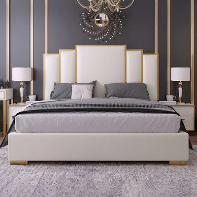 Homary Modern Faux Leather Queen Upholstered Bed In White Geometric Headboard Included