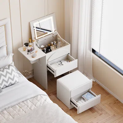Homary Modern Flip Top White Makeup Vanity Set With Charging Station Mini Dressing Table With Stool