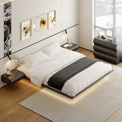 Homary Modern Floating Bed King Size Bed Frame With Light & Floating Smart Leather Nightstand Set In Multi