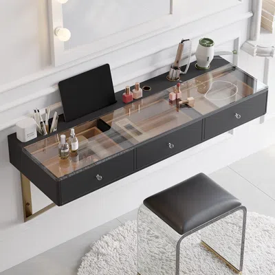 Homary Modern Floating Black Makeup Vanity With Tempered Glass Top & Drawers Wall Mounted Beauty Station