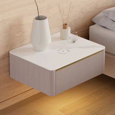 Homary Modern Floating Corduroy Smart Nightstand Bedside Table With Light Set Of 2 In White