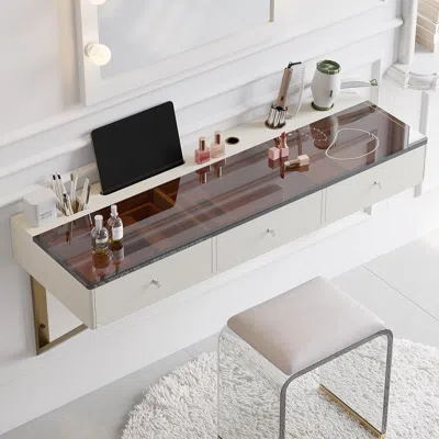 Homary Modern Floating Makeup Vanity With Tempered Glass Top & Drawers Wall Mounted Beauty Station In Multi