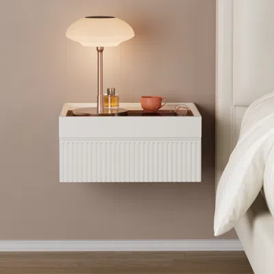 Homary Modern Floating White Nightstand With Glass Top & Jewelry Storage Bedside Table