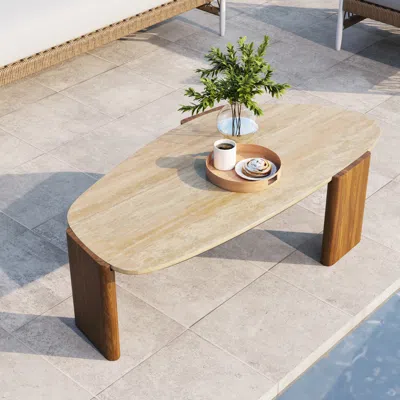 Homary Modern Geometric Beige Outdoor Patio Travertine Coffee Table With Wood Stand In Walnut In Brown