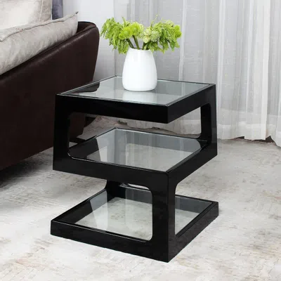 Homary Modern Glass Side Table With 3 Tiers S-shaped End Table In Black