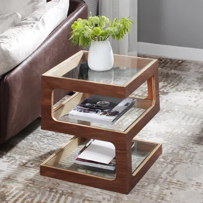 Homary Modern Glass Side Table With 3 Tiers S-shaped End Table In Walnut In Brown
