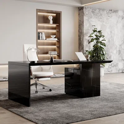 Homary Modern Glossy Black Wooden Home Office Desk With Movable File Cabinet Office Furniture (59.8")