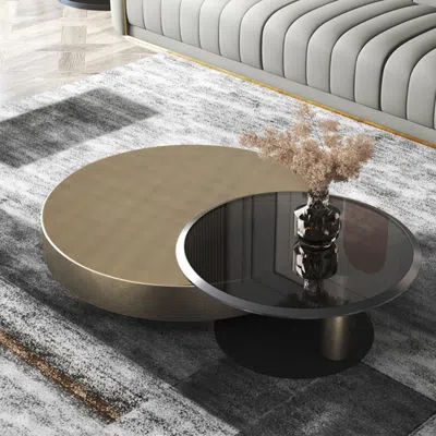 Homary Modern Gold & Black 2-piece Round Nesting Coffee Table Set With Tempered Glass Top In Gray
