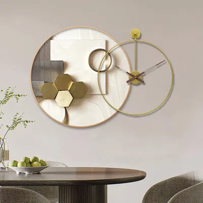 Homary Modern Gold Round Wall Clock Canvas Art Print Decor Art With Wood Pointer In White