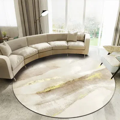 Homary Modern Gray And Yellow Abstract Round Velvet  Indoor Area Rug 4' X 4' In Neutral