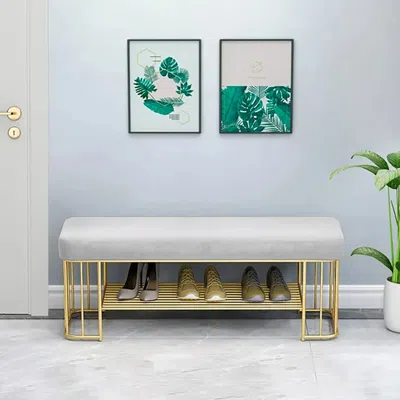 Homary Modern Gray Entryway Bench With Shoe Storage Velvet Upholstered With Gold Frame And Shel In White