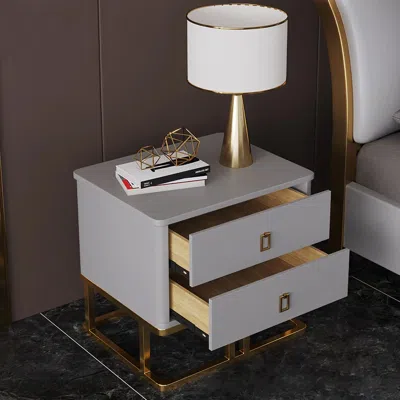 Homary Modern Gray Nightstand Faux Leather Upholstery With 2 Drawers In Gold