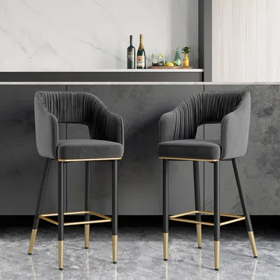 Homary Modern Gray Velvet Upholstered Bar Stool With Low Back & Footrest