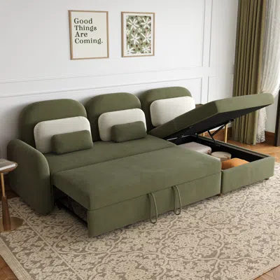 Homary Modern Green L Shape Convertible Sofa Bed With Storage & Side Table