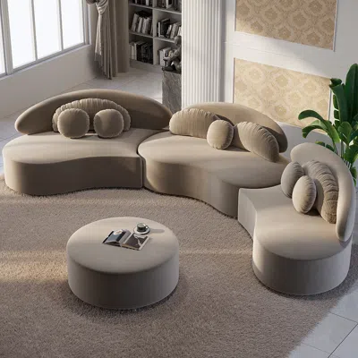 Homary Modern Khaki 4 Pieces Curved Sectional Modular Sofa Velvet Upholstered With Ottoman In Gray