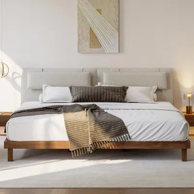 Homary Modern King Linen Upholstered Headboard Pillow With Side Pocket Walnut King Platform Wood Bed Frame In White