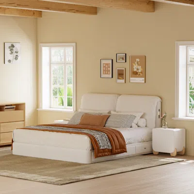 Homary Modern King Size Boucle Storage Bed With Light & Charging Station In White