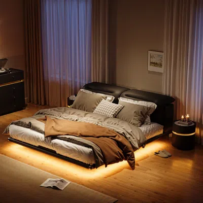 Homary Modern King Size Floating Bed Frame With Light & Adjustable Headboard In Brown