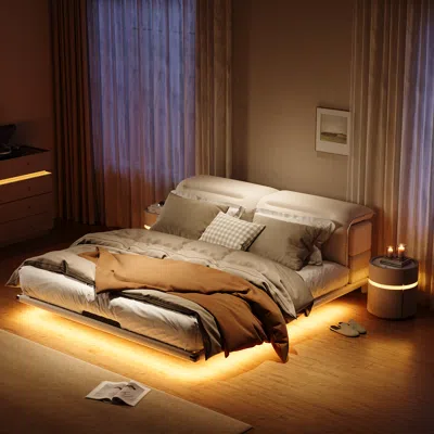 Homary Modern King Size Floating Bed Frame With Light & Adjustable Headboard In White