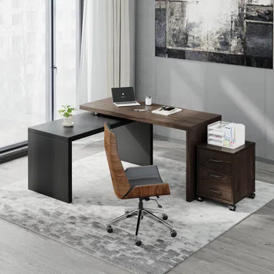 Homary Modern L Shaped Executive Office Desk With With Movable File Cabinet Black & Walnut Swivel Desk Offi In Brown