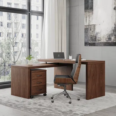 Homary Modern L Shaped Executive Office Desk With With Movable File Cabinet Walnut Swivel Desk Office Furni In Brown