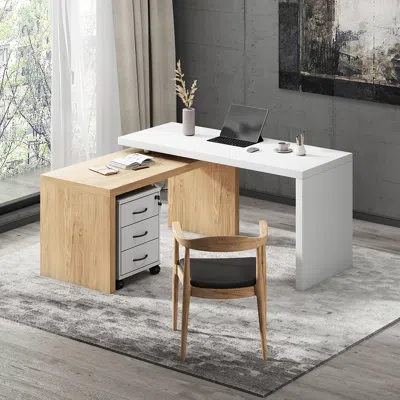 Homary Modern L Shaped Executive Office Desk With With Movable File Cabinet White & Natural Swivel Desk Off In Neutral
