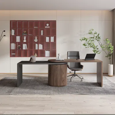 Homary Modern L Shaped Rotating Black & Walnut Executive Office Desk With Drawers White Office Furniture (5 In Brown