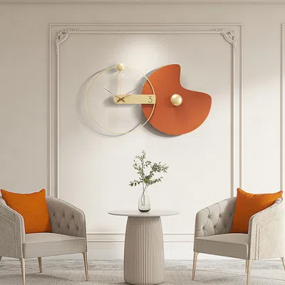 Homary Modern Large Wall Clock Round Metal Oversized Decorative Wall Clocks In Orange & Gold In Multi