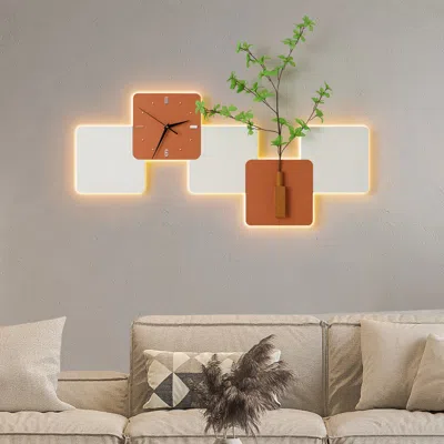 Homary Modern Led Wall Clock With Faux Greenery – White & Orange, 39" X 18", Quartz Movement In Multi