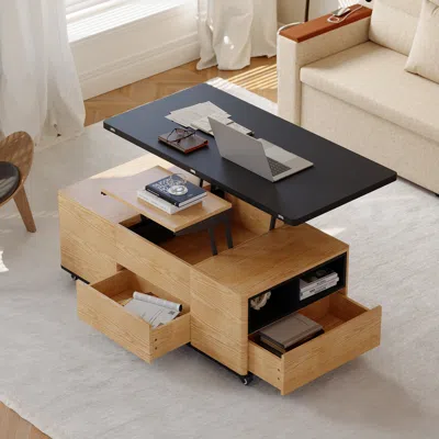 Homary Modern Lift Top Coffee Table Multi Functional Table With 3 Drawers In Natural & Black In Brown
