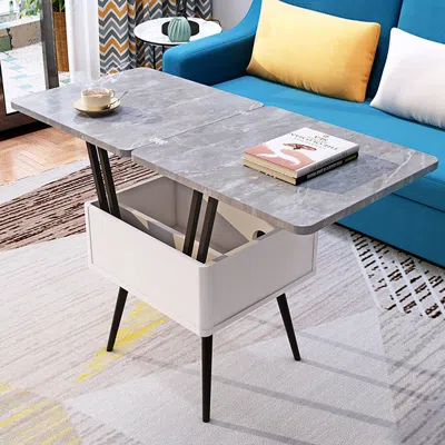 Homary Modern Lift Top Gray Coffee Table With Storage Mdf Top & Carbon Steel Base Extendable In Multi