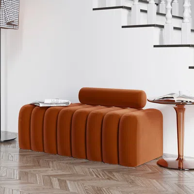 Homary Modern Line Tufted Entryway Bench Upholstered Bench With Round Back Orange In Brown