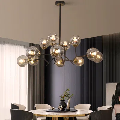 Homary Modern Linear 12-light Kitchen Island Light Black Chandelier With Globe Glass Shade Pendant Lighting In Brown