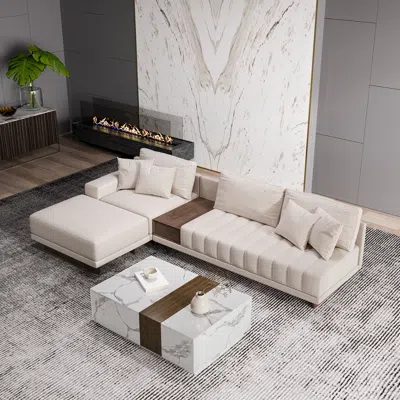 Homary Modern Living Room Couch Set Fabric L-shaped White Modular Sectional Sofa & Wood Block Coffee Table