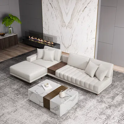 Homary Modern Living Room Couch Set Leather L-shaped White Modular Sectional Sofa & Wood Block Coffee Table
