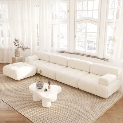 Homary Modern L-shaped Modular White Boucle Corner Sectional Sofa Loveseat With Wood Legs