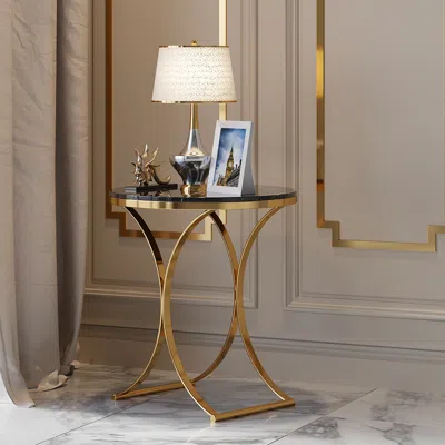 Homary Modern Luxurious Round Black Marble Stone Side Table X-base End Table In Gold