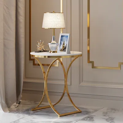 Homary Modern Luxurious Round White Marble Stone Side Table X-base End Table In Gold