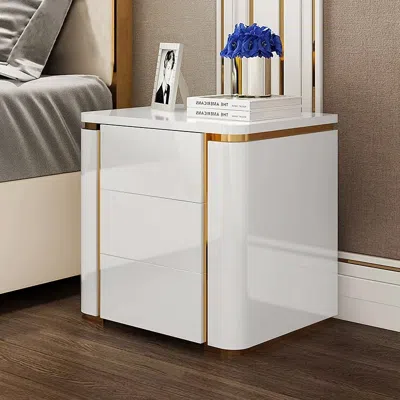 Homary Modern Luxury White & Gold 3 Drawers Bedroom Nightstand Square Bedside Table