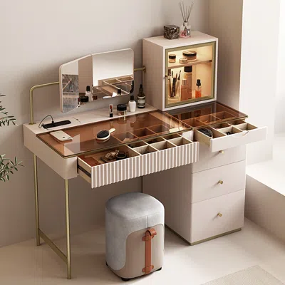 Homary Modern Makeup Vanity Set Champagne Dressing Table With Jewelry Storage & Cabinet & Stool In Brown