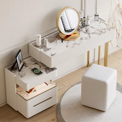 Homary Modern Makeup Vanity Set Dressing Table With Charging Station & Light & Bluetooth Speakers In White