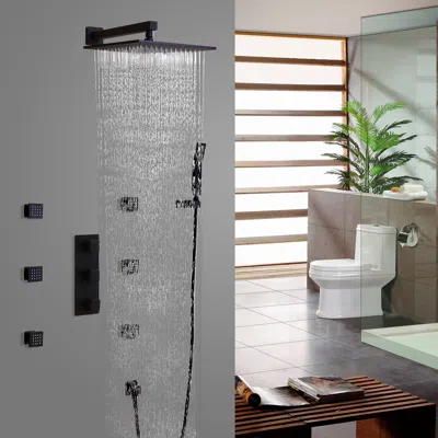 Homary Modern Matte Black Wall Mounted 12" Rainfall Showerhead & Handheld Shower Set With Six Body Spray Je