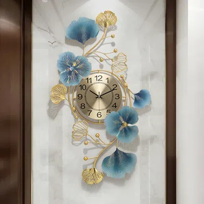 Homary Modern Metal Large Wall Clock 3d Ginkgo Leaves & Flowers Home Decor Art In Blue
