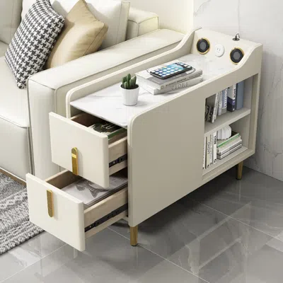 Homary Modern Multifunctional Narrow Side Table Sintered Stone Top End Table Speaker & Usb Port In White