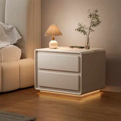 Homary Modern Nightstand  Off-white With 2-drawers And  Led And Usb Charging Function