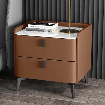 Homary Modern Nightstand With 2 Drawers Bedroom Nightstand In Orange, Faux Marble Top Set Of 2 In Brown