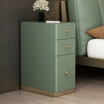 Homary Modern Off White 3-drawer Nightstand Narrow Bedside Table With Faux Leather Upholstery In Green