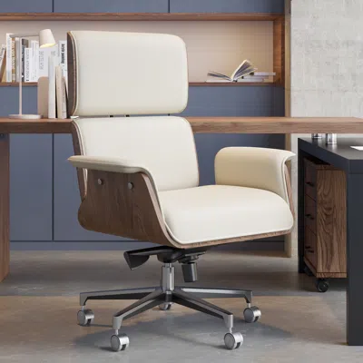 Homary Modern Off White Home Office Chair Upholstered Swivel Task Office Chair High Back
