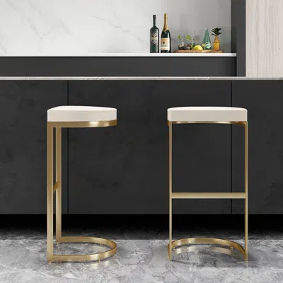 Homary Modern Off-white Pu Leather Counter Stool Bar Stool Stainless Steel Gold Frame In Brown